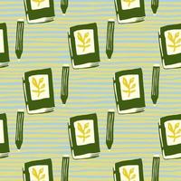 Hand drawn notebook and pencil silhouettes seamless pattern. School style print in green tones with stripped background. vector