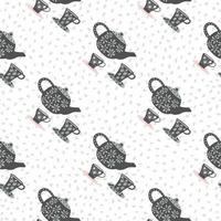Dark grey tea ceremony ornament seamess pattern. Cups and teapots on white background with dots. vector