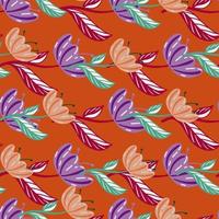 Purple and orange colored poppy flowers elements seamless doodle pattern. Orange background. vector