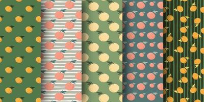 Set of seamless pattern with stylized citrus mandarin silhouettes. Fruit backdrop collection. vector