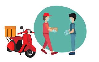 home food delivery service There are measures to wear masks. with medical gloves while delivering to customers vector illustration