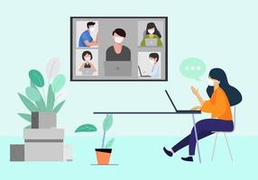 una mujer con una máscara está trabajando en una teleconferencia desde casa a través de una pantalla. tamaño grande para una reunión de negocios con un grupo de cinco colegas, diseño plano. vector