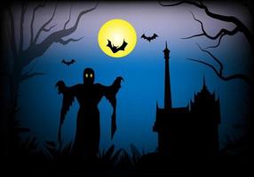 Happy scary Halloween with monsters and zombies illuminated by the moon. vector