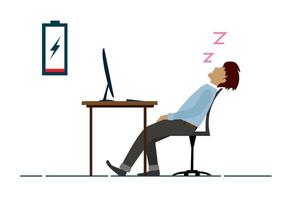The exhausted male employee sleeps on the desk in the office. vector
