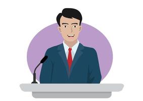 The lecturer stands behind the rostrum. The speaker lectures and gestures. A young politician speaks to the public. Flat cartoon illustration.