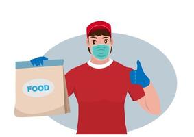 The food delivery man was wearing a mask and protective gloves, carrying a paper bag with food inside. Delivery during prevention of coronovirus concept vector illustration in flat cartoon style