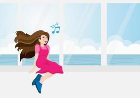 una foto de una hermosa mujer cantando y sonriendo alegremente mientras se relaja en el resort. por la ventana del hotel. con vista al mar durante las vacaciones ilustración vectorial en estilo de dibujos animados plana vector