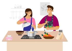 feliz pareja casada cocinando ensalada de verduras y caldo hirviendo juntos ilustración vectorial plana vector