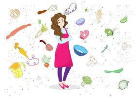 A young woman devise a menu with objects and cooking utensils in the background. Flat style cartoon illustration vector