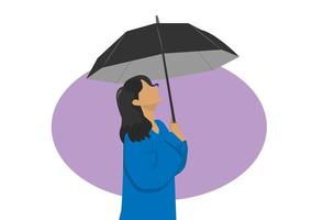personaje de dibujos animados mujer sosteniendo paraguas negro se ve triste concepto de diseño plano elemento vector ilustración de símbolos estacionales