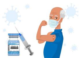 anciano que muestra el brazo de vacunación contra el coronavirus, distribuyendo la vacuna para la población general. vector de ilustración de dibujos animados de estilo plano