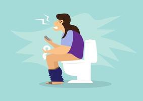 woman sitting on toilet with stomach pain and diarrhea with a phone and tissue in hand vector illustration of flat design