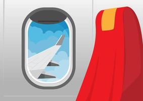 view from plane, window, passenger seat plane travel. flat style cartoon vector illustration