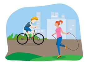un hombre montando en bicicleta una mujer joven haciendo un ejercicio de saltar la cuerda vive en una ciudad ecológica vector