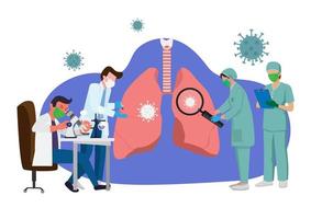 A group of doctors examining the lungs affected by the coronavirus. Vector illustration in cartoon style medical staff check for infection with a microscope camera to save the life of patients