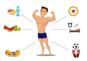 Young men show their muscle strength through exercise and health care. Flat style cartoon illustration vector. vector