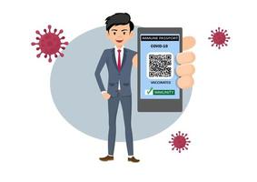 libertad de movimiento el pasaporte sanitario electrónico en la aplicación en la pantalla del teléfono móvil del empresario tiene un código qr para el derecho a volar. vector de ilustración de dibujos animados de estilo plano.