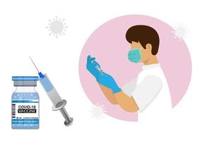 médico con guantes manos azules usar vacuna contra coronavirus vacuna y vacuna contra coronavirus influenza vector banner