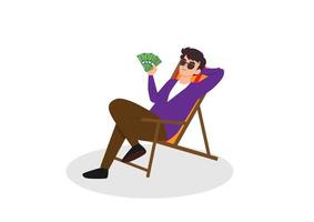 un hombre de negocios del mercado de valores se sienta en una silla plegable y levanta la mano con billetes de dólar obtenidos del comercio de acciones. ilustración de diseño de vector plano aislado en el fondo