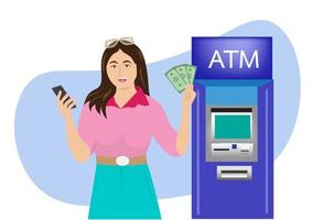 A young woman holds cash from a mobile banking application on her smartphone withdrawing money from an ATM. bank application vector illustration in cartoon style