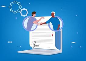 business agreement contract concept through online with symbol illustration holding hands of two businessmen. Flat style cartoon illustration vector