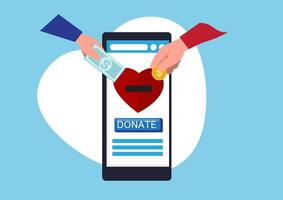 Donate via smartphone online from home with hand donate money by online payment flat vector charity.  Flat style cartoon illustration vector
