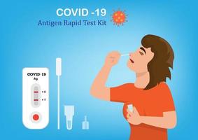 una mujer usa un hisopo para la prueba de antígeno covid-19 para autodetectar la infección. vector de ilustración de dibujos animados de estilo plano