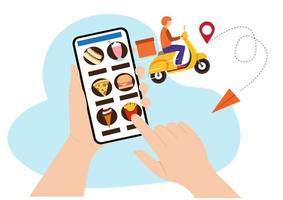 Mobile smartphone with food delivery app Order food online. modern creative data graphic design on the application Flat style cartoon illustration vector