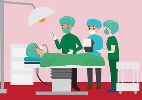 Surgeon team around patient operating table Medical practitioner prepares surgical technology concept. Cure serious disease. Flat style cartoon vector illustration.
