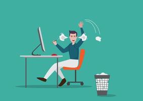 A young man working independently, he is very angry, can't think of a job for a customer. Throw the crumpled paper in the trash. flat style cartoon vector illustration