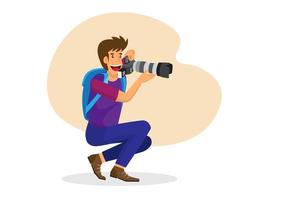 A male photographer holding a high-end camera, long lens, photographing distant birds or animals. flat style cartoon vector illustration