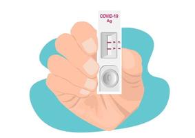 Human hand holding Rapid Antigen test kit, positive during COVID-19 test, Coronavirus clearance, self or home nose test, Lockdown and Home Isolation concept.  Flat style cartoon illustration vector