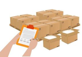 Product quality inspector With clipboard, check for stock quality report, quality control of cardboard packaging boxes before delivery to customers. vector