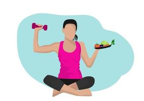 The girl in the right hand holds a weight lifting And left hand holding a plate of fruits and vegetables The concept of balancing the body for good health vector