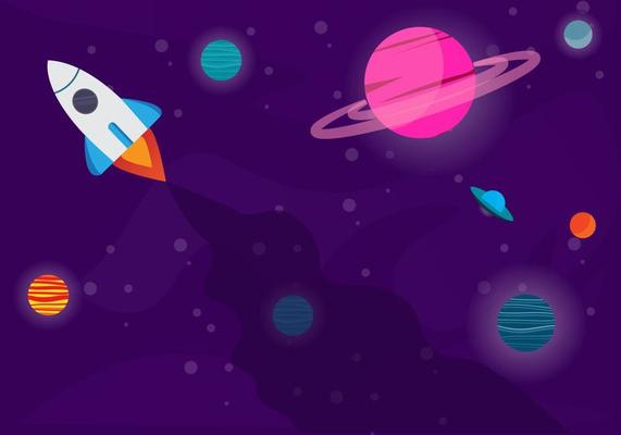 A horizontal space exploration rocket with abstract shapes and planets. Vector illustration