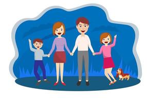 Mom and dad take the child on vacation Modern family pictures walking together Parent and child holding hands Colorful vector illustration in flat style