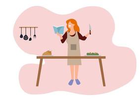 A woman is cooking and holding a cookbook to study chicken curry recipes. For dinner vector