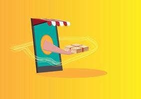 Send product products via smartphone on a yellow background Concept of online delivery, home delivery service. Flat style cartoon illustration vector