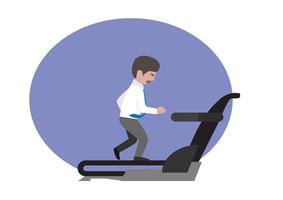 los hombres de negocios que nunca han hecho ejercicio, lo están haciendo por sí mismos al comenzar a correr en una cinta de correr para tener una buena salud, un vector de ilustración de dibujos animados de estilo plano