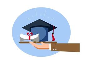 Holding a graduation cap and graduation certificate. Flat style cartoon illustration vector
