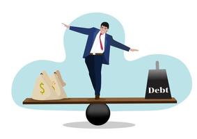 equilibrar los ingresos y la deuda de los hombres de negocios idea de negocio. vector de ilustración de dibujos animados de estilo plano
