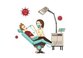 The female dentist holds the instruments and examines the teeth, the patient looks into the mouth. And the patient must not be infected with the coronavirus. Flat style cartoon illustration vector