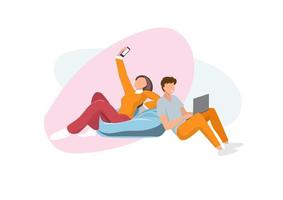 The concept of a estranged society Even if you sit next to each other But both people live their lives on social media. Flat style cartoon illustration vector