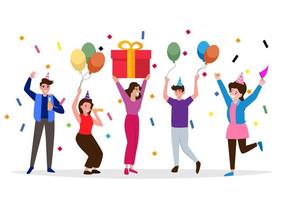 A group of happy people raised their hands to celebrate the holidays. Women holding gift boxes having fun with friends a party holding balloons and champagne. Flat style cartoon illustration vector