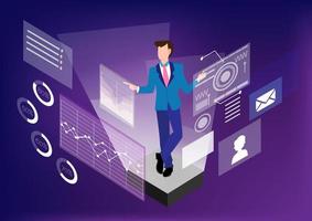 Businessman he checks hologram graph in abstract blue purple gradient background vector digital concept.