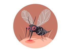 el mosquito insecto muerde y chupa sangre en el cuerpo humano. personaje. pancarta sobre un fondo blanco. vector de ilustración de dibujos animados de estilo plano