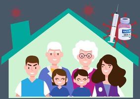 Family father mother daughter son grandfather grandmother prevent epidemic with vaccination against Covid-19 virus. Flat style cartoon illustration vector. vector