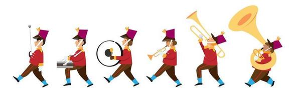 Cute children playing musical instruments in the marching band parade. Flat style cartoon illustration vector