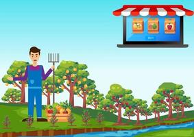 The owner of the fruit farm invites customers to buy things in the farm. There are apples, oranges and avocados for sale. flat style cartoon illustration vector