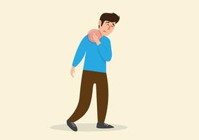 Shoulder pain. Inflammation of the nerve. muscle strain at work The office worker put his hand on his shoulder and flinched in pain. flat style cartoon illustration vector